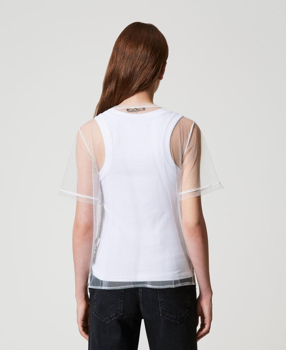 Embroidered tulle T-shirt with top "Papers" White Woman 251AP2120_00840_03