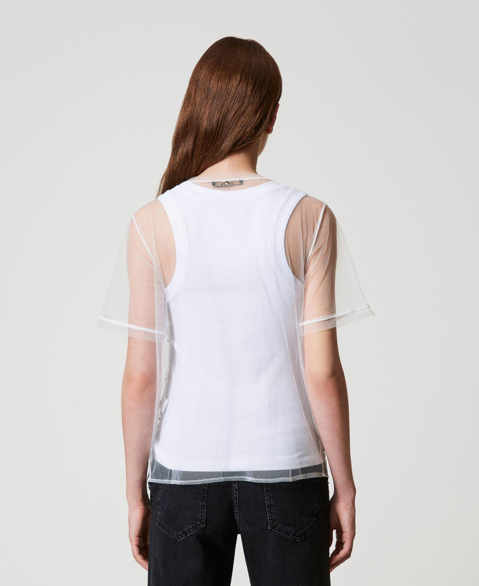 Embroidered tulle T-shirt with top "Papers" White Woman 251AP2120_00840_03