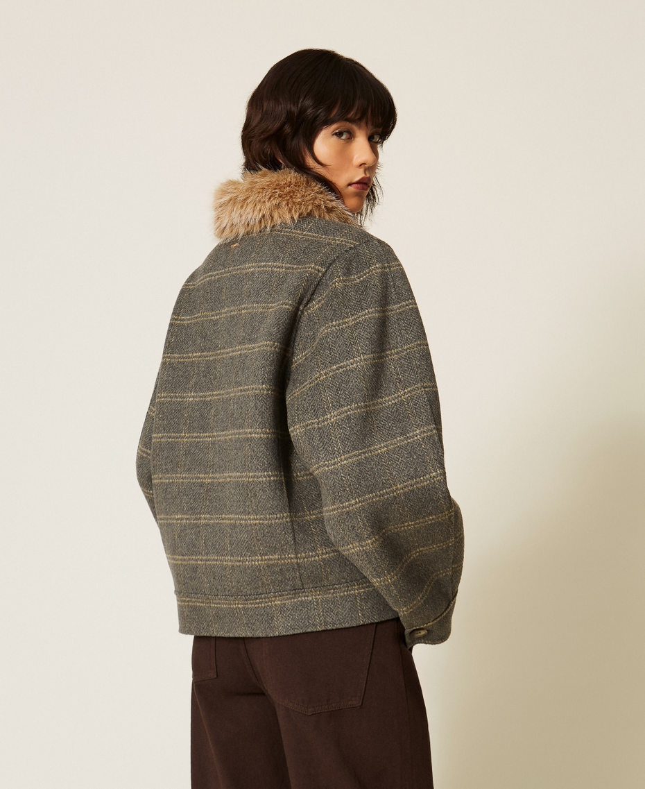 Double check wool caban coat with faux fur Grey Melange/Mustard Check Woman 262TP2221_13841_04