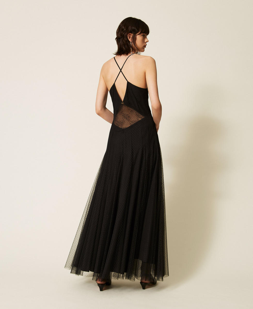 Vestido largo de tul plumetis y encaje Negro Mujer 262TP2213_00006_03