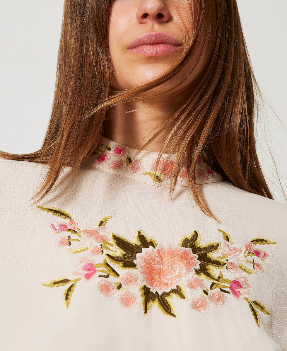 Blouse with floral embroidery Woman, Beige | TWINSET Milano