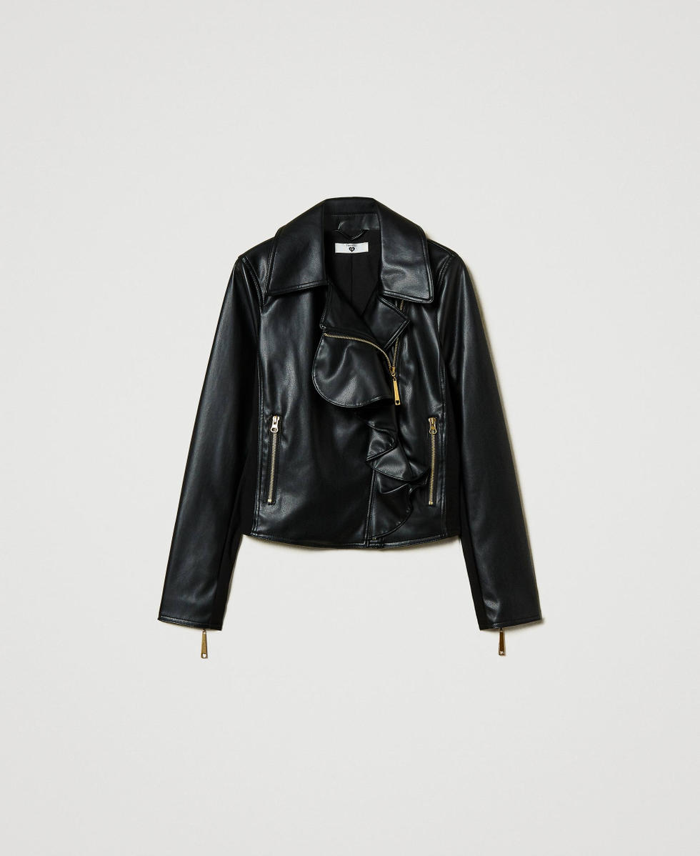 Leather-like biker jacket with ruffles