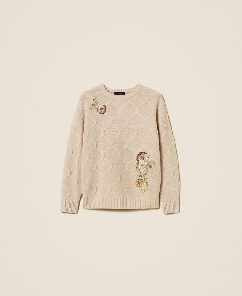 Crew neck wool jumper with floral embroidery Light Beige Melange Woman 262AP3191_13870_S0