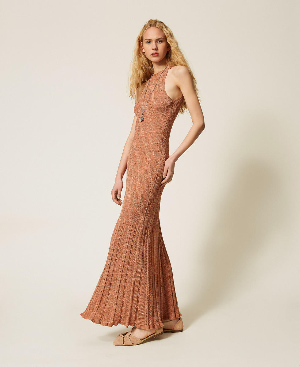 Langes Kleid aus Leinenstrick mit Lurex Salmon Rose Scuro Lurex Frau 261TT3213_13567_02
