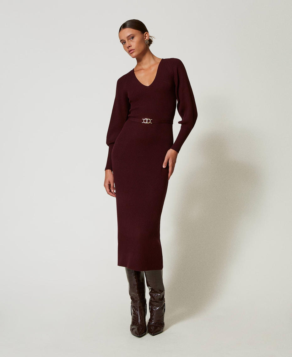 Long ribbed knit dress with belt Plum Wine Red Woman 242TT3060_11944_01