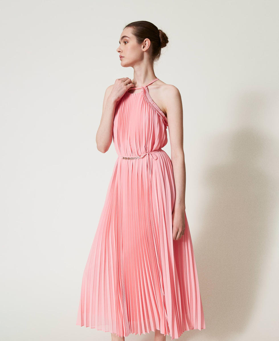 Long pleated georgette dress with belt Woman, Pink | TWINSET Milano