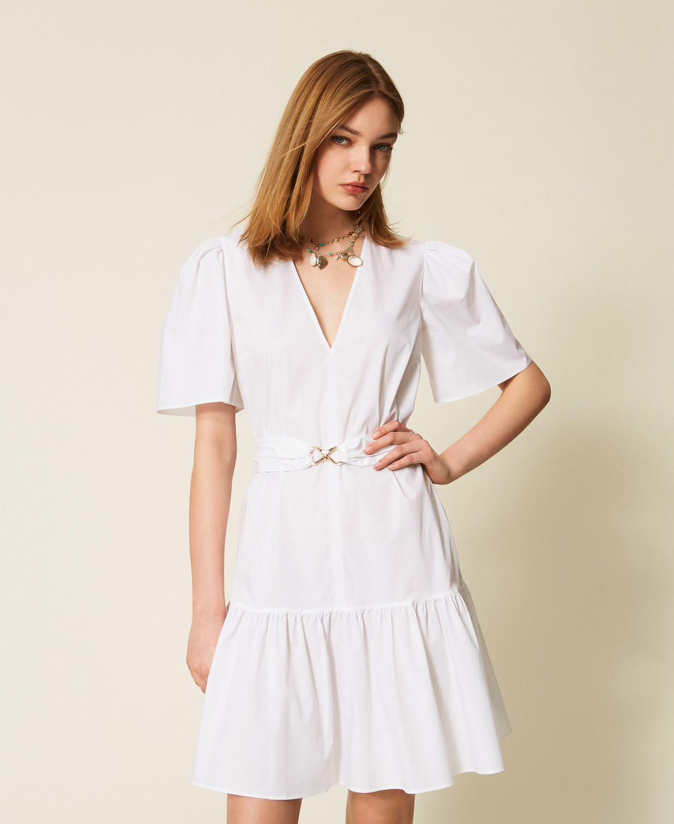 Robe courte en popeline avec ceinture sigl&eacute;e Blanc Femme 261TT2160_00001_02