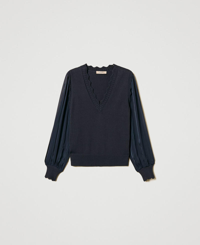 Pullover mit &Auml;rmeln aus gestreiftem Krepon Blue Night Frau 251TP3162_00238_S0