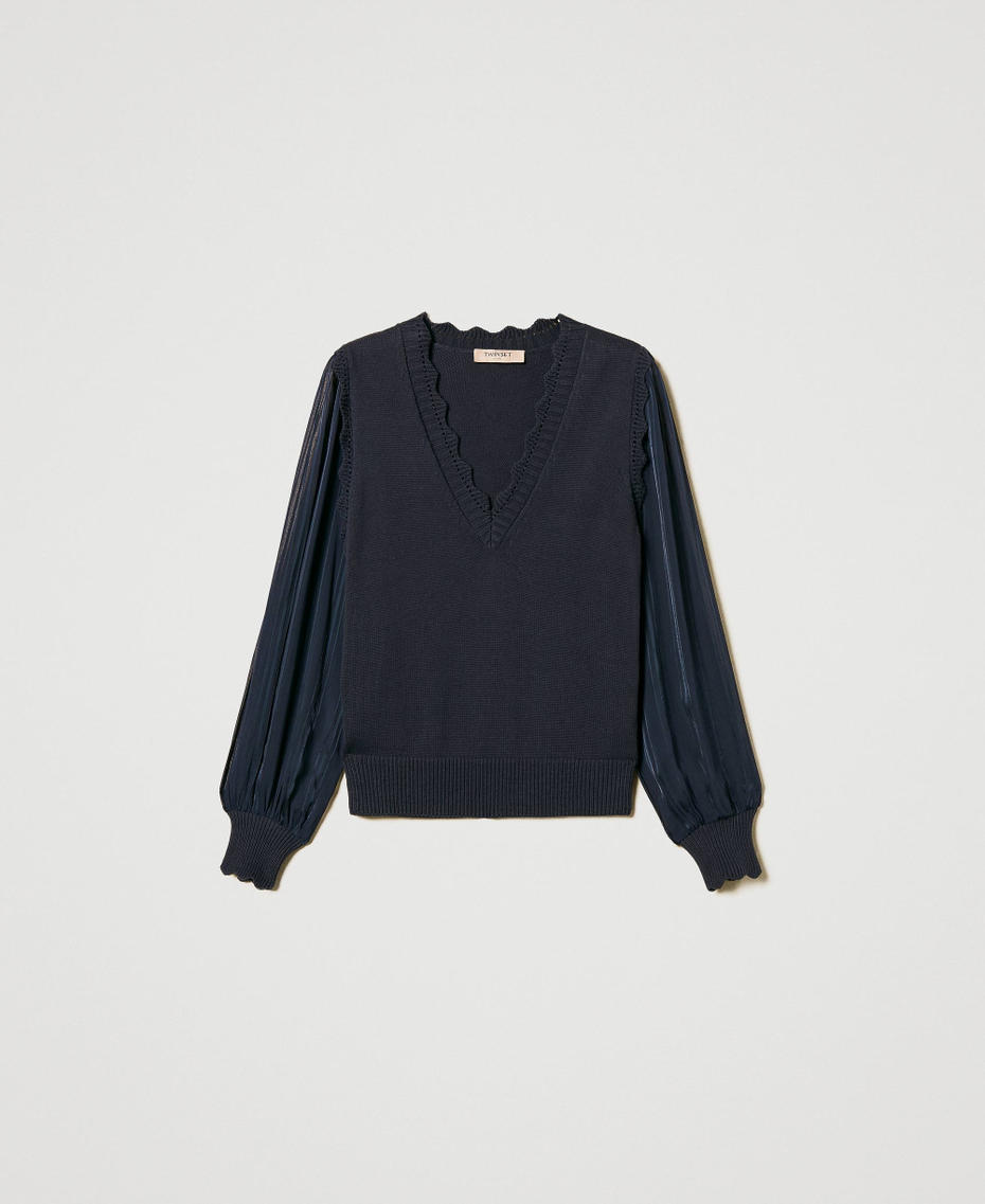 Pullover mit &Auml;rmeln aus gestreiftem Krepon Blue Night Frau 251TP3162_00238_S0