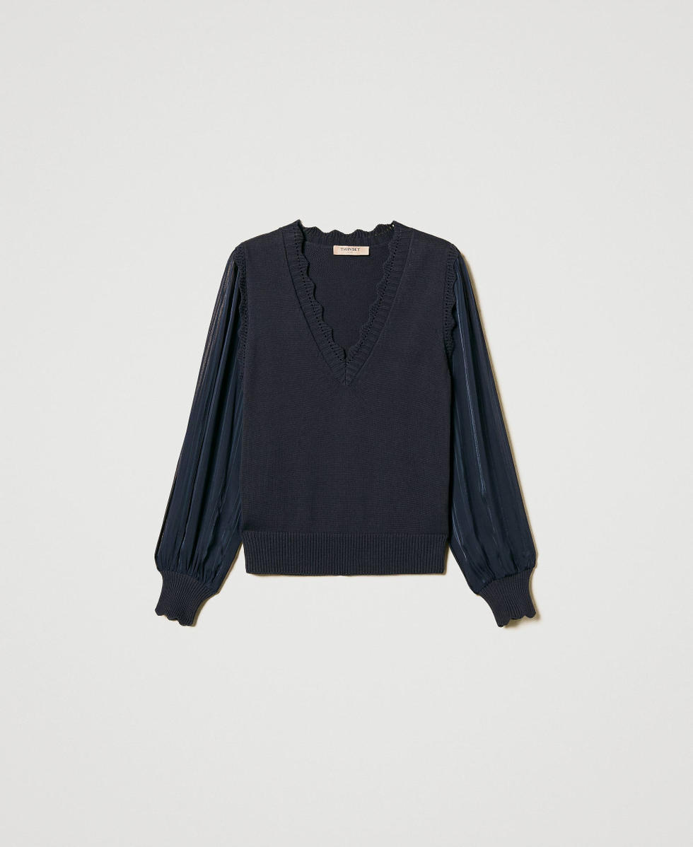Maglia con maniche in creponne a righe Blue Night Donna 251TP3162_00238_S0