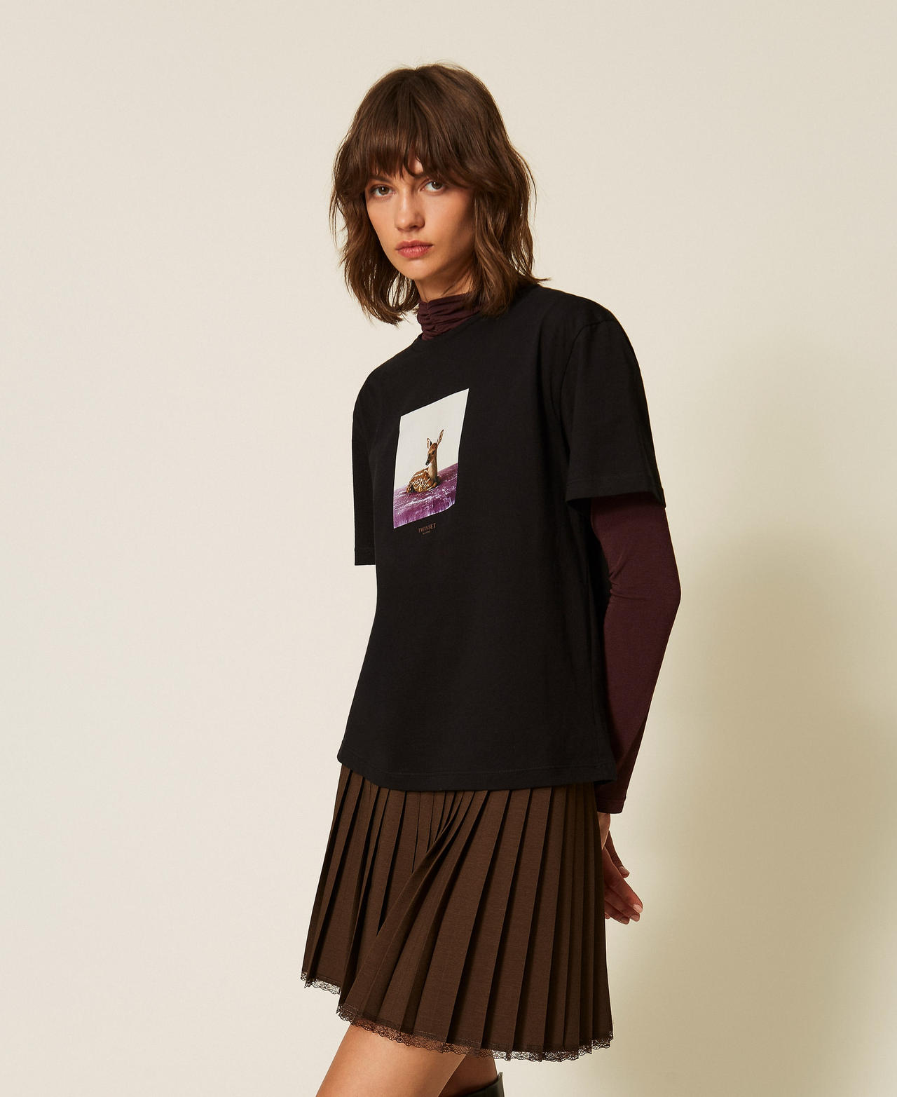 T-shirt regular ras-du-cou avec imprim&eacute; Imprim&eacute; Faon/Noir Femme 262TF2090_14114_02