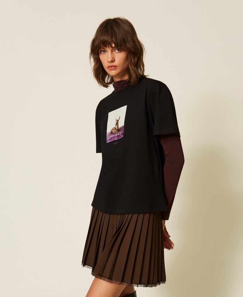 T-shirt regular ras-du-cou avec imprim&eacute; Imprim&eacute; Faon/Noir Femme 262TF2090_14114_02