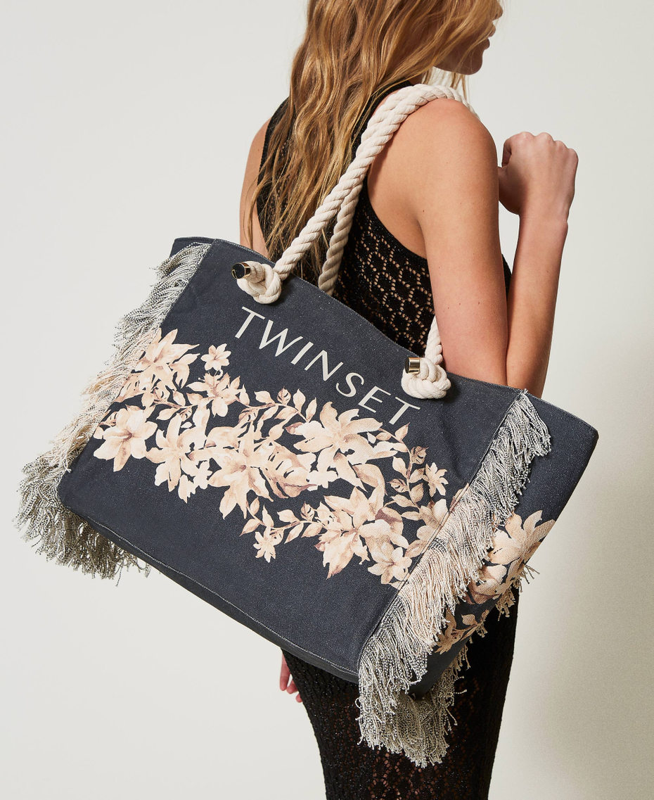 Printed canvas shopper bag Black/Natural Beige Floral Print Woman 251LB7AAA_12195_0T