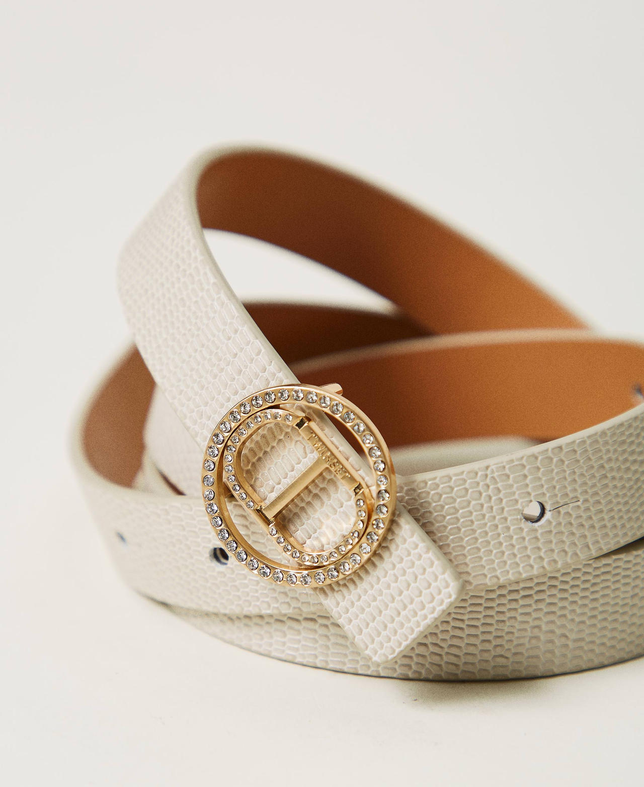Lizard print leather belt with rhinestones Mother Of Pearl Woman 251TA4390_00059_02