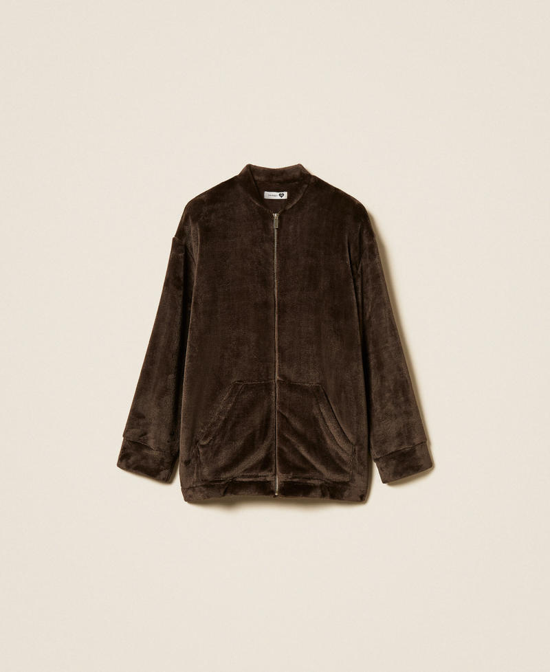 Short faux fur dressing gown with zip Mocha Woman 262LI2UBB_13677_S0