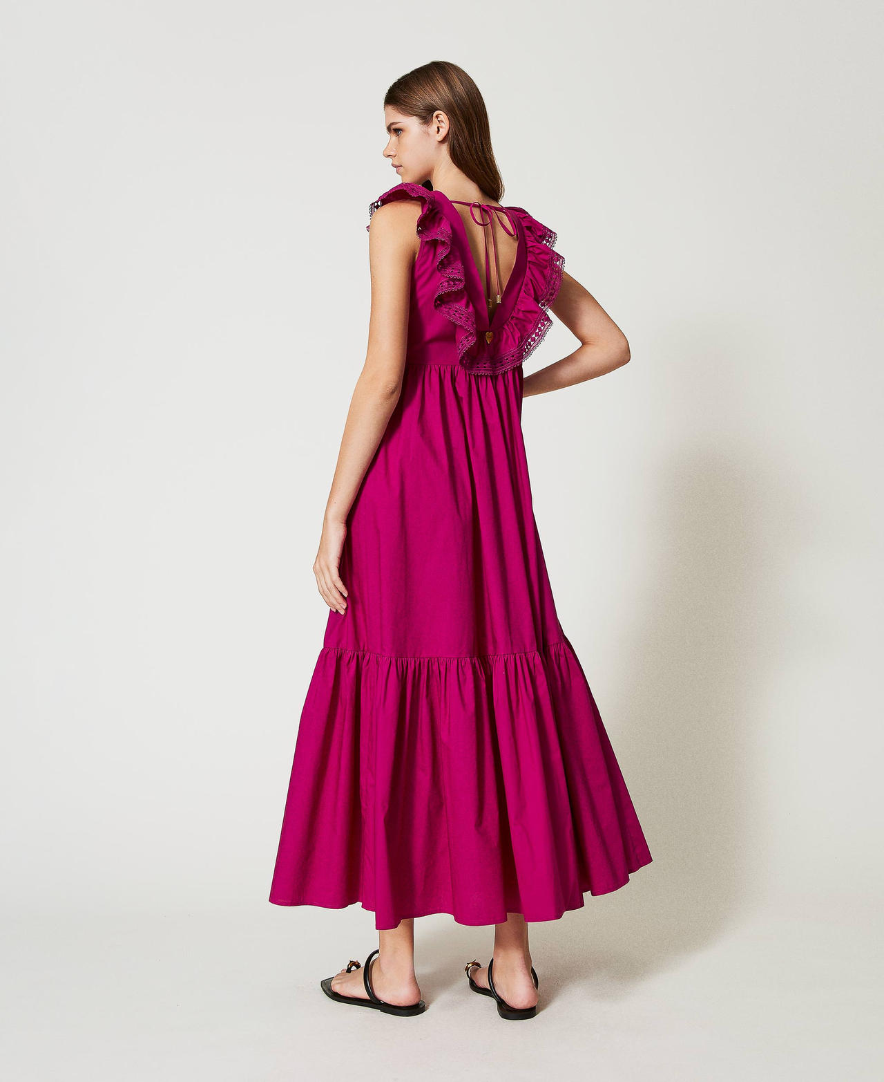 Abito lungo in popeline con crochet Magenta Purple Donna 251LB2KFF_11736_03