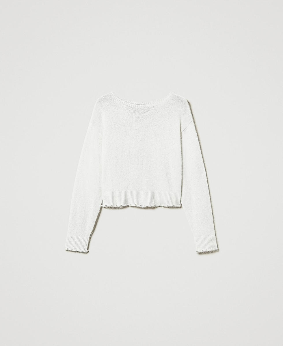 Pull cropped en angora m&eacute;lang&eacute; avec perles Blanc Neige Femme 242TT3292_00282_S0