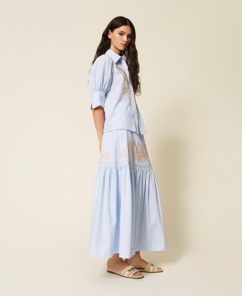 Gonna lunga a righe con balza e ricamo Off White / Light Blue Embroidery Pinstripe Donna 261AT2031_13391_02