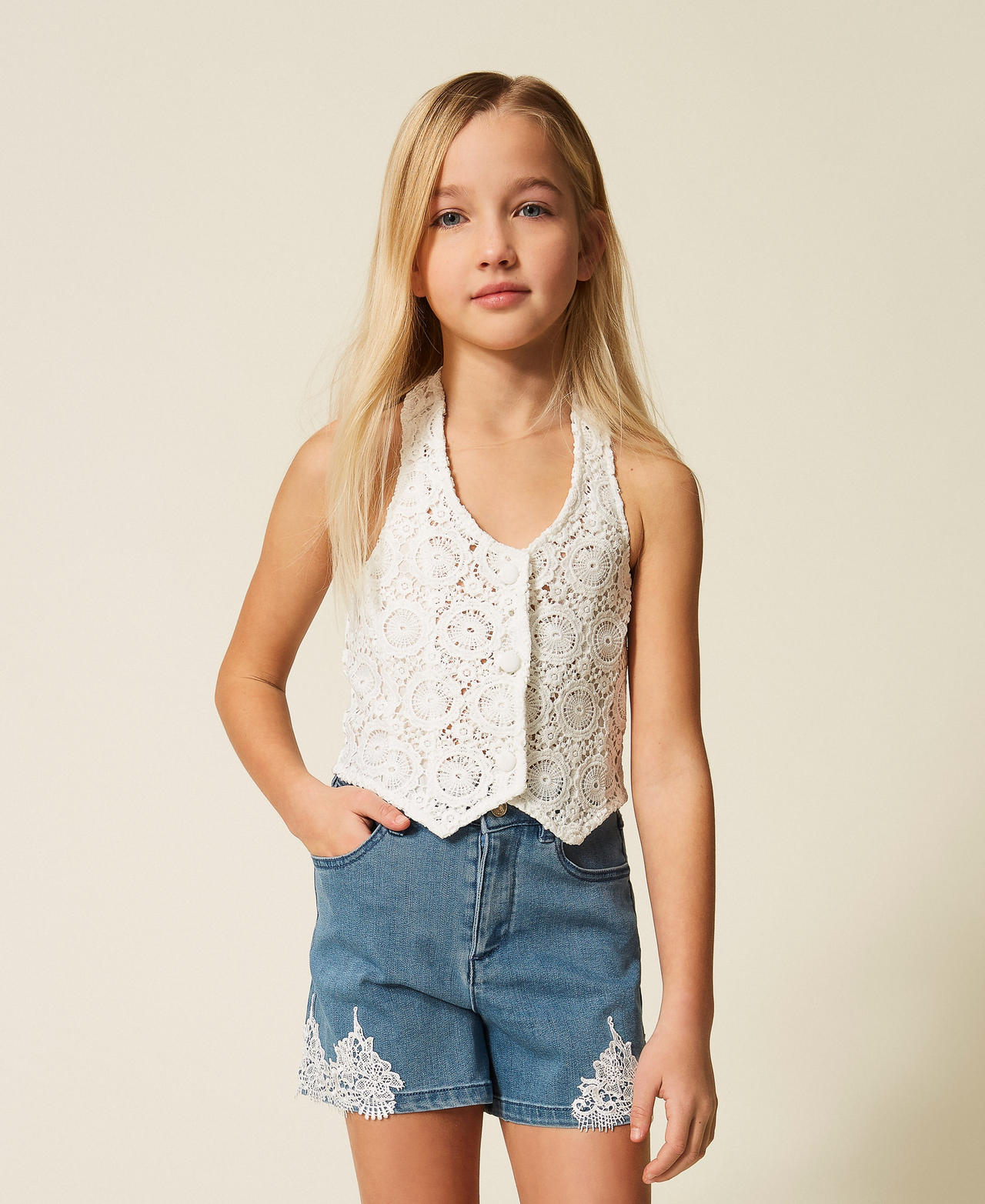Twinset Girls Off White Macramé Lace Fitted Waistcoat