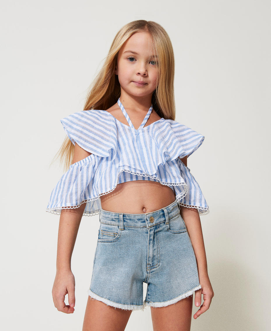 Jacquard muslin top with flounces Paper Blue/Ice Stripes Girl 251GJ2471_12208_01