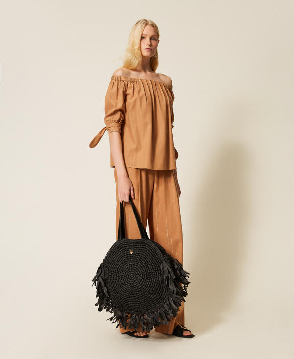 Round raffia shopper bag with fringes