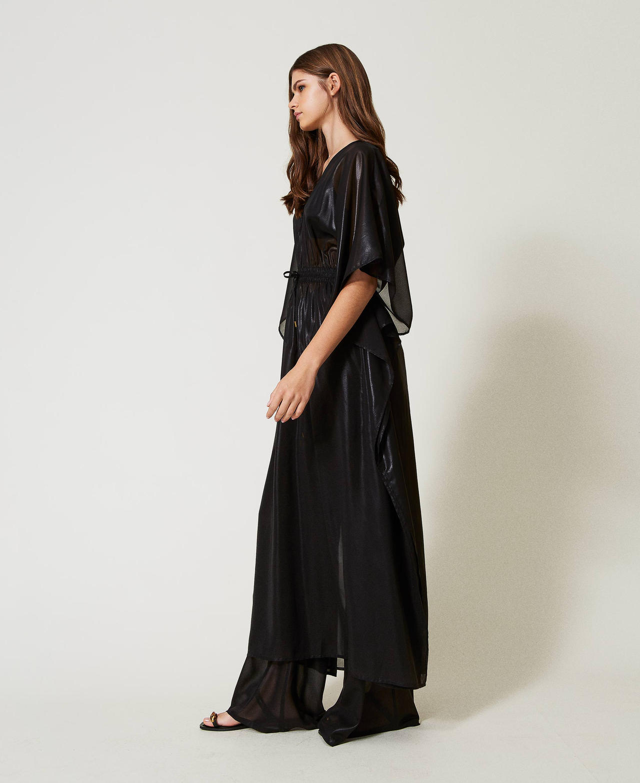 Long laminated georgette kaftan Black Woman 251LB2MBB_00006_02