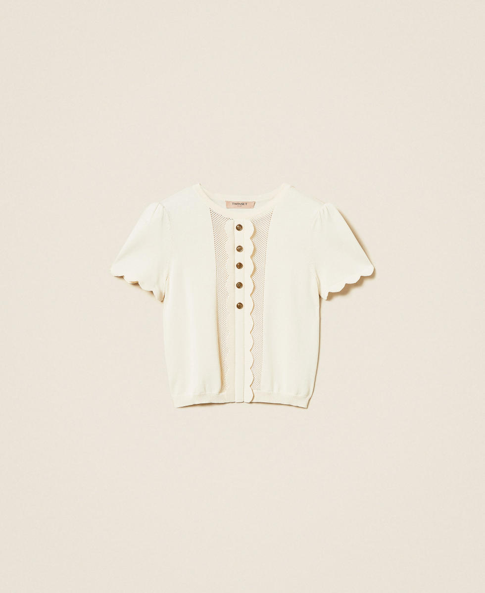 Scalloped sweater with Oval T buttons "Parchment" Beige Woman 252TP3203_07222_S0