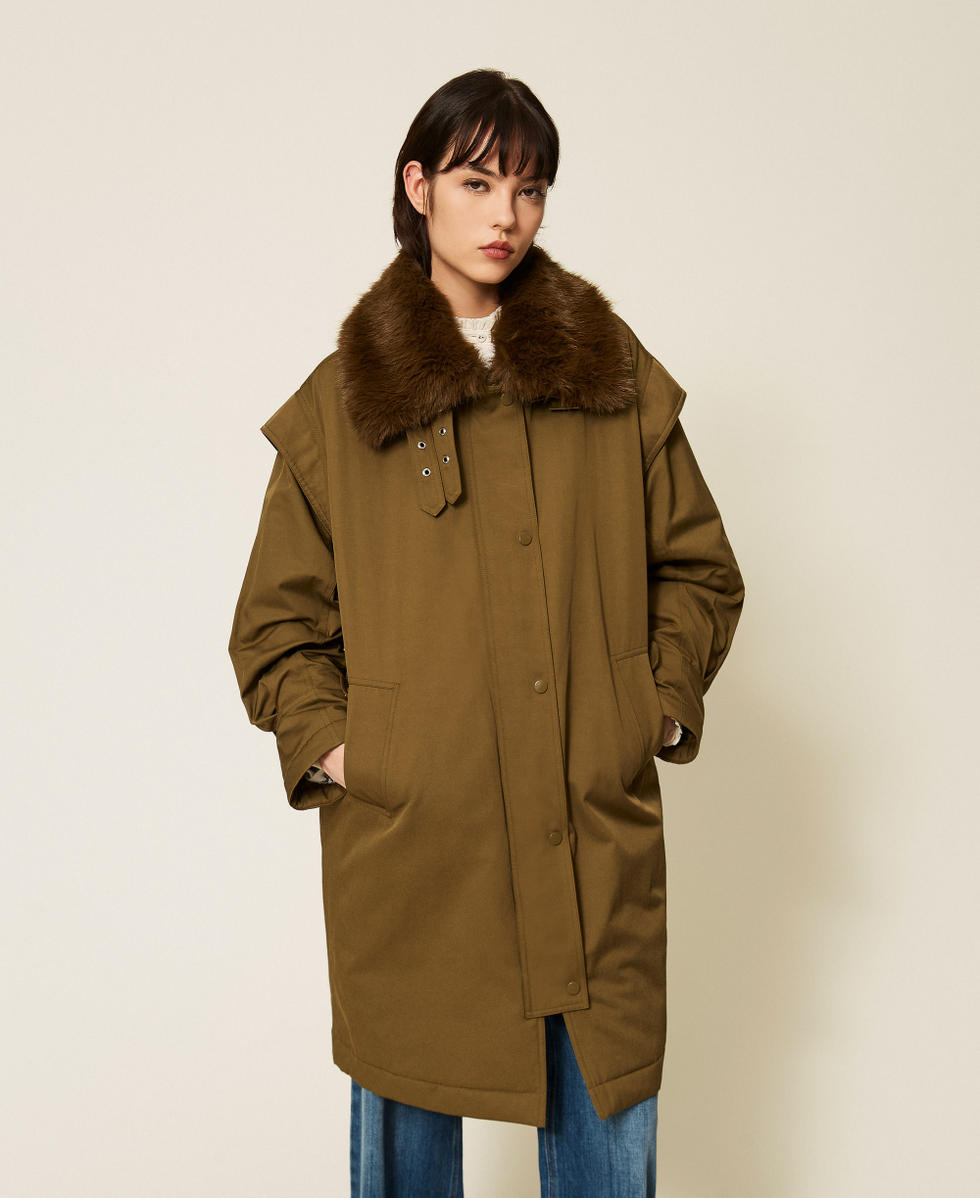 Gabardine parka coat with faux fur collar Beech Green Woman 262TP2180_12537_04