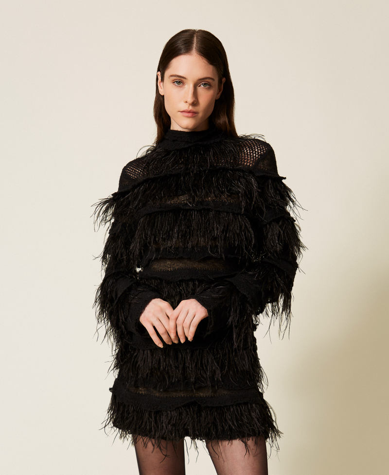 Short knit dress with feathers Black Woman 252TS3240_00006_01