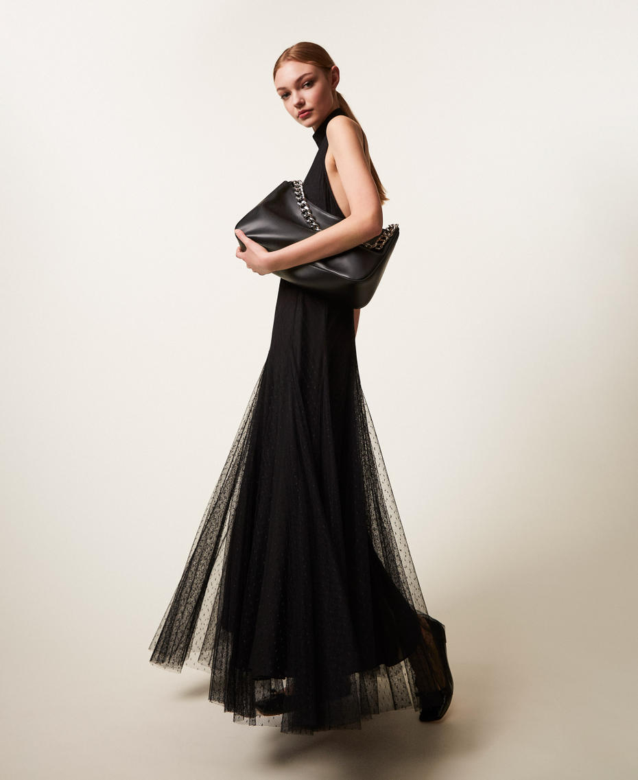 Long plumetis tulle dress Black Woman 252TP2650_00006_PC