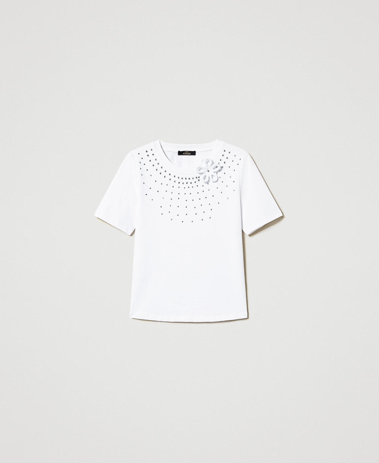 PLATS PLATS ホワイトリブTシャツ Regular fit T-shirt with rhinestones and flower Woman, White