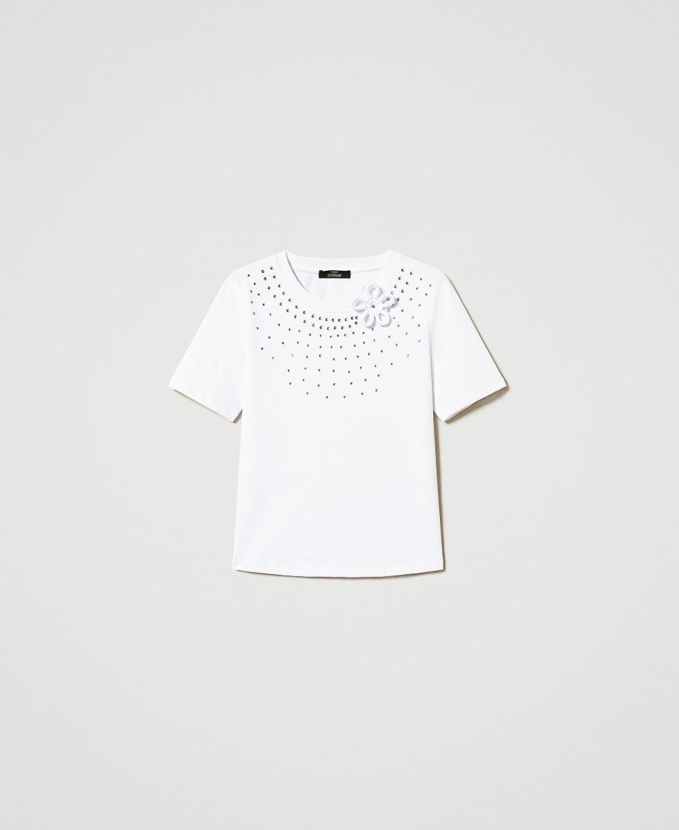 Regular fit T-shirt with rhinestones and flower Woman, White