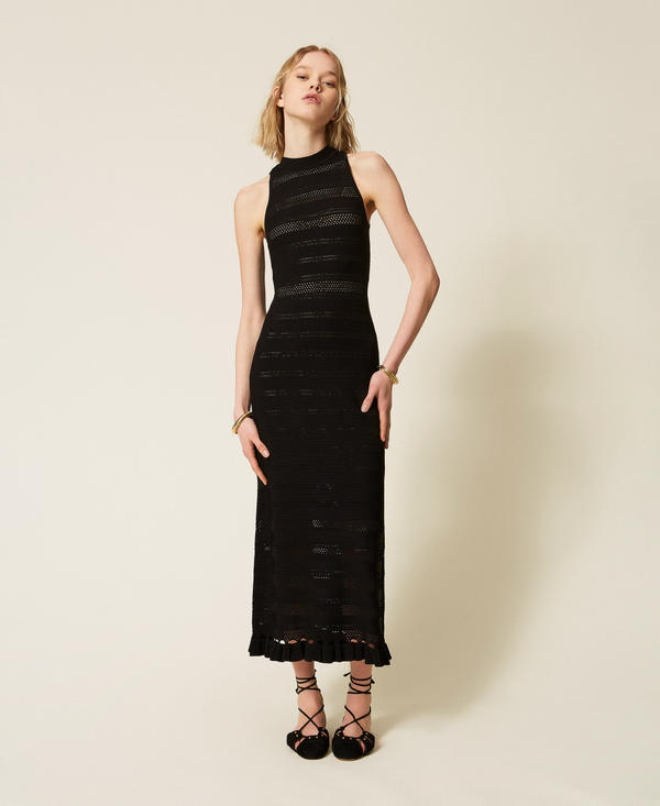 Long turtleneck knit dress with ruffles