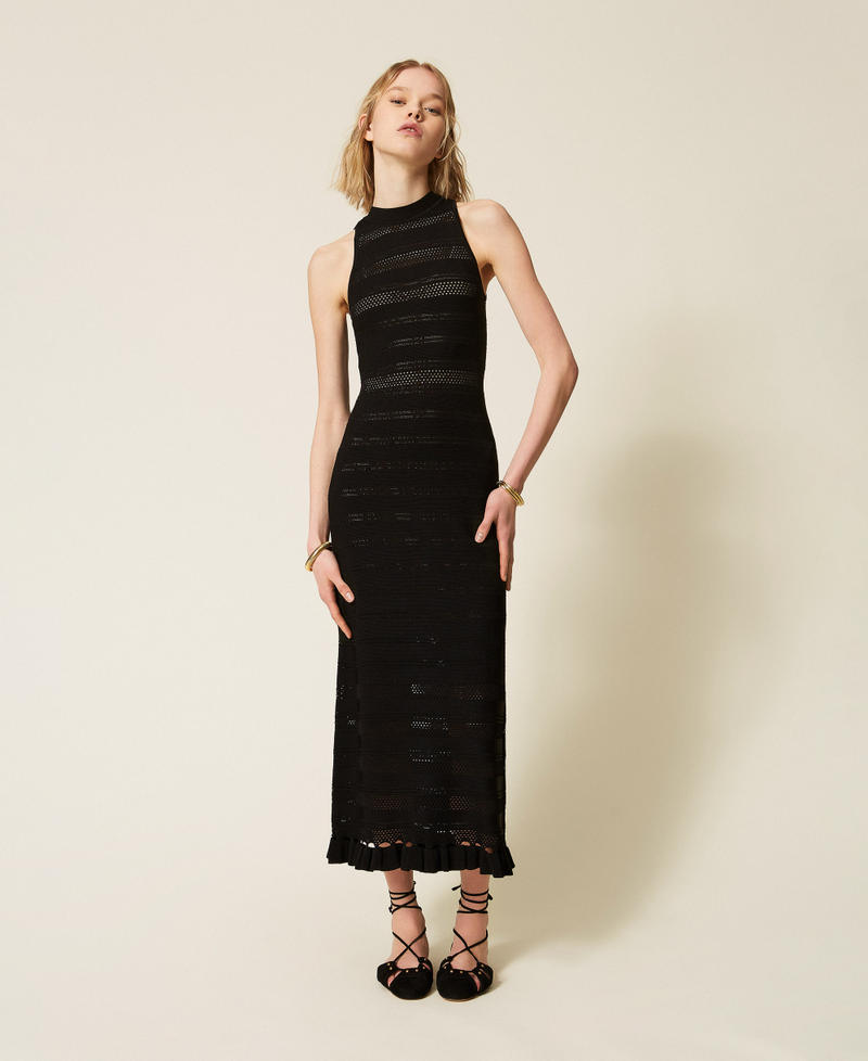 Long turtleneck knit dress with ruffles Black Woman 261TQ3010_00006_01