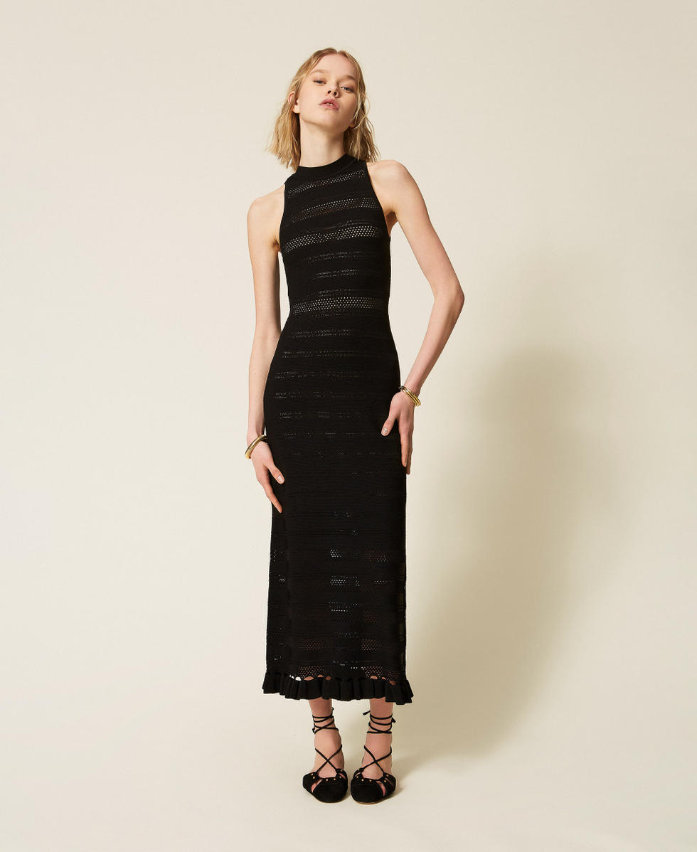 Long turtleneck knit dress with ruffles