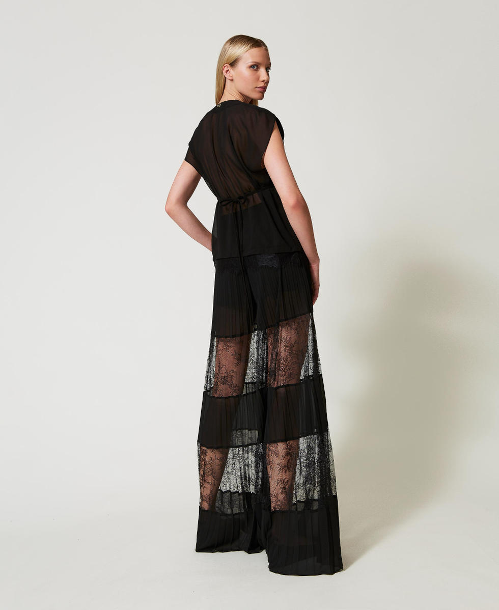 Pantalon en cr&ecirc;pe georgette pliss&eacute; avec dentelle Noir Femme 251TP2782_00006_03