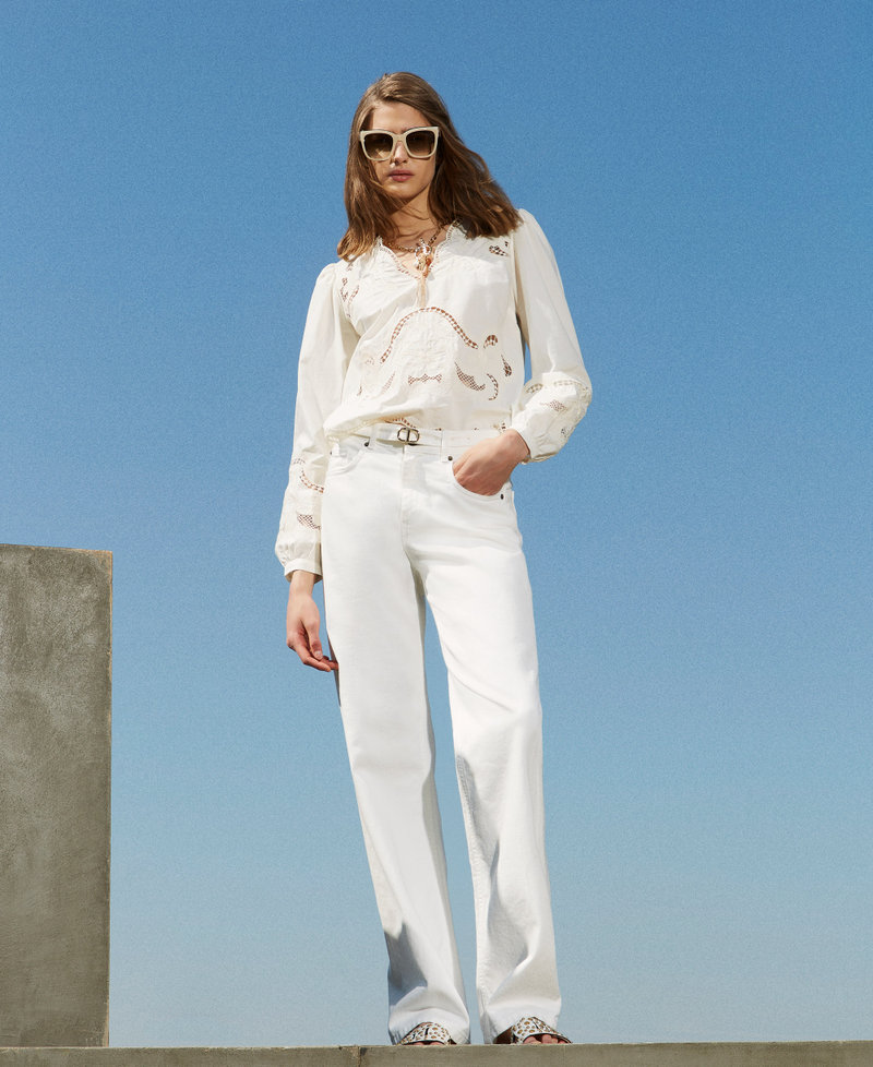 Trousers in floral bull White Denim Woman 251TT2210_01226_PC