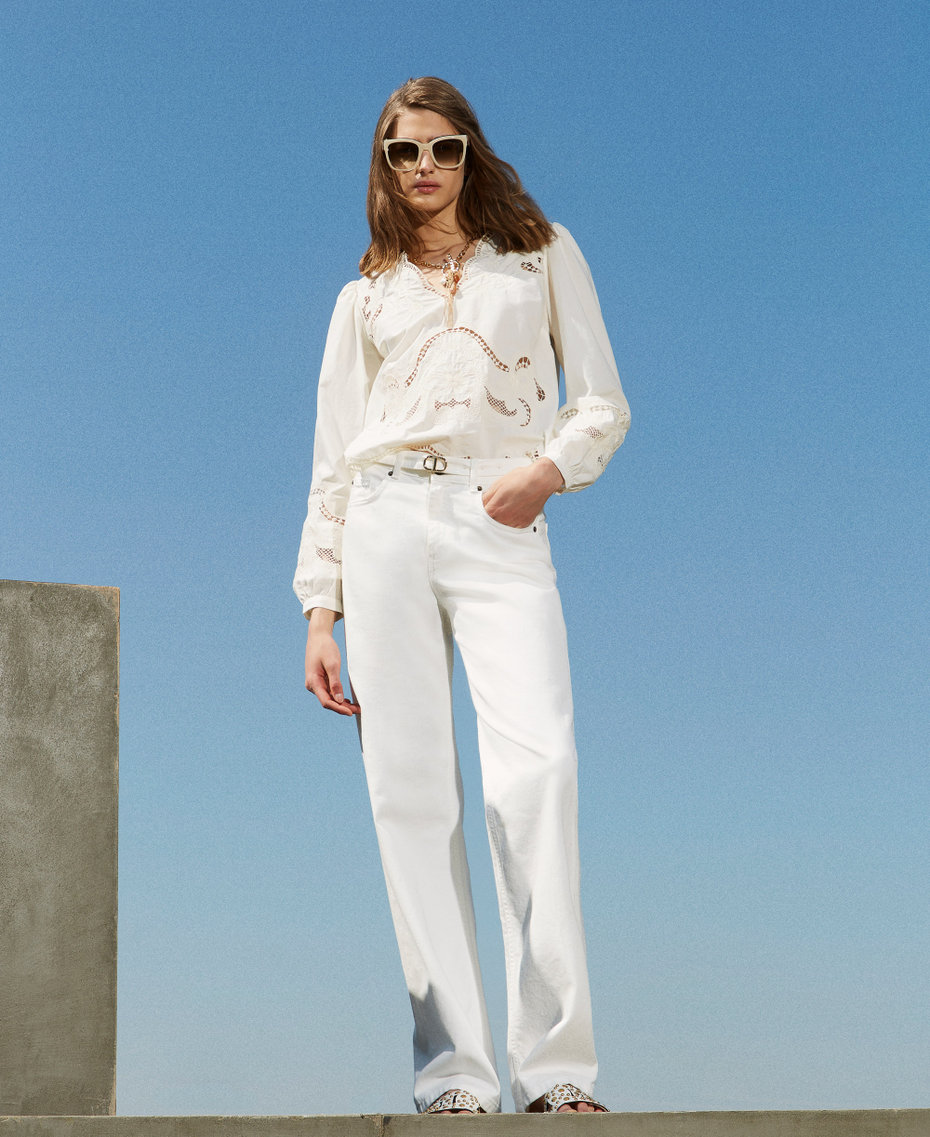 Trousers in floral bull White Denim Woman 251TT2210_01226_PC