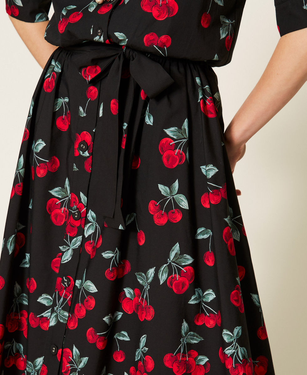 Jupe longue en popeline avec imprim&eacute; cerises Cherries D&eacute;grad&eacute; Noir/Rouge Femme 261TT2594_13502_04