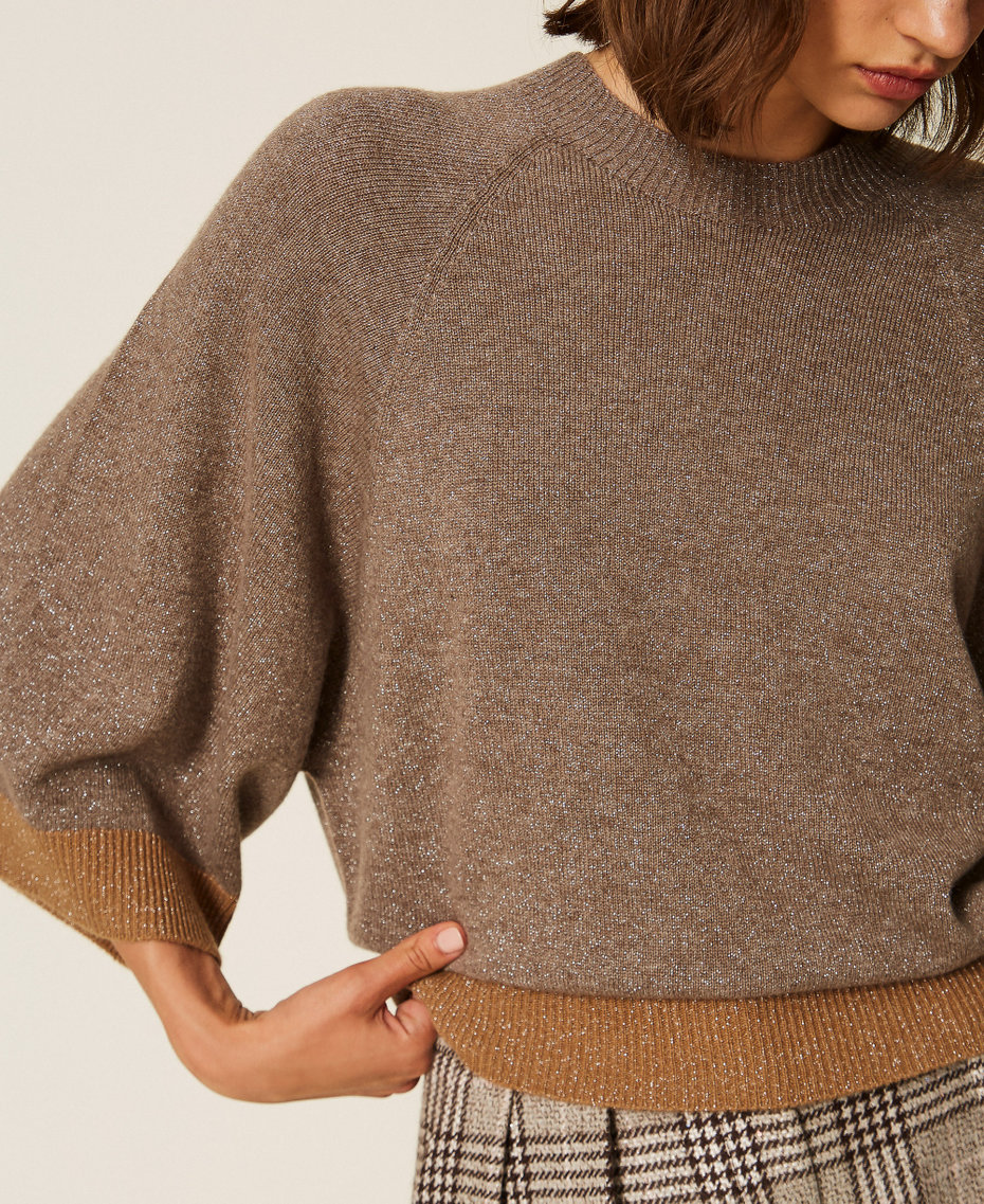 Cropped wool and cashmere jumper with lurex Silver Taupe/"Tobacco Brown" Woman 262TP3511_13933_04