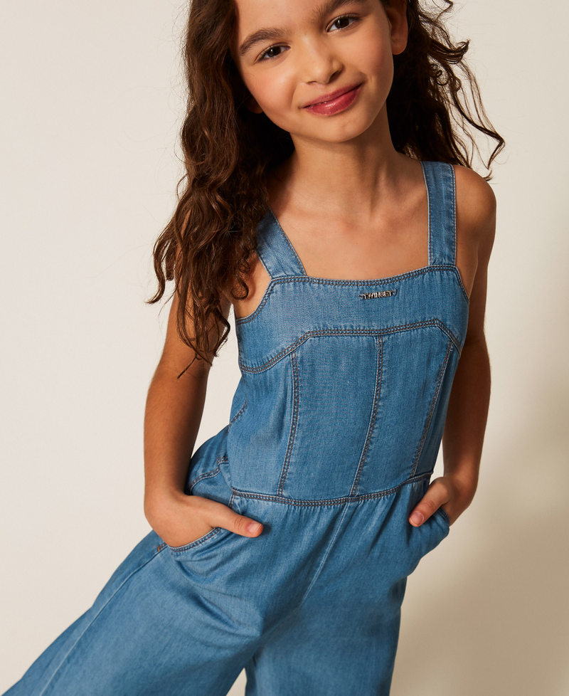 Long chambray jumpsuit with smocking Mid Blue Chambray Girl 261GJ2073_13235_04