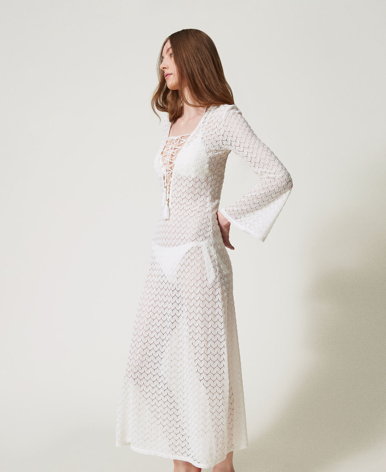 Long crochet kaftan Sugar White Woman 251LM2HEE_00632_02