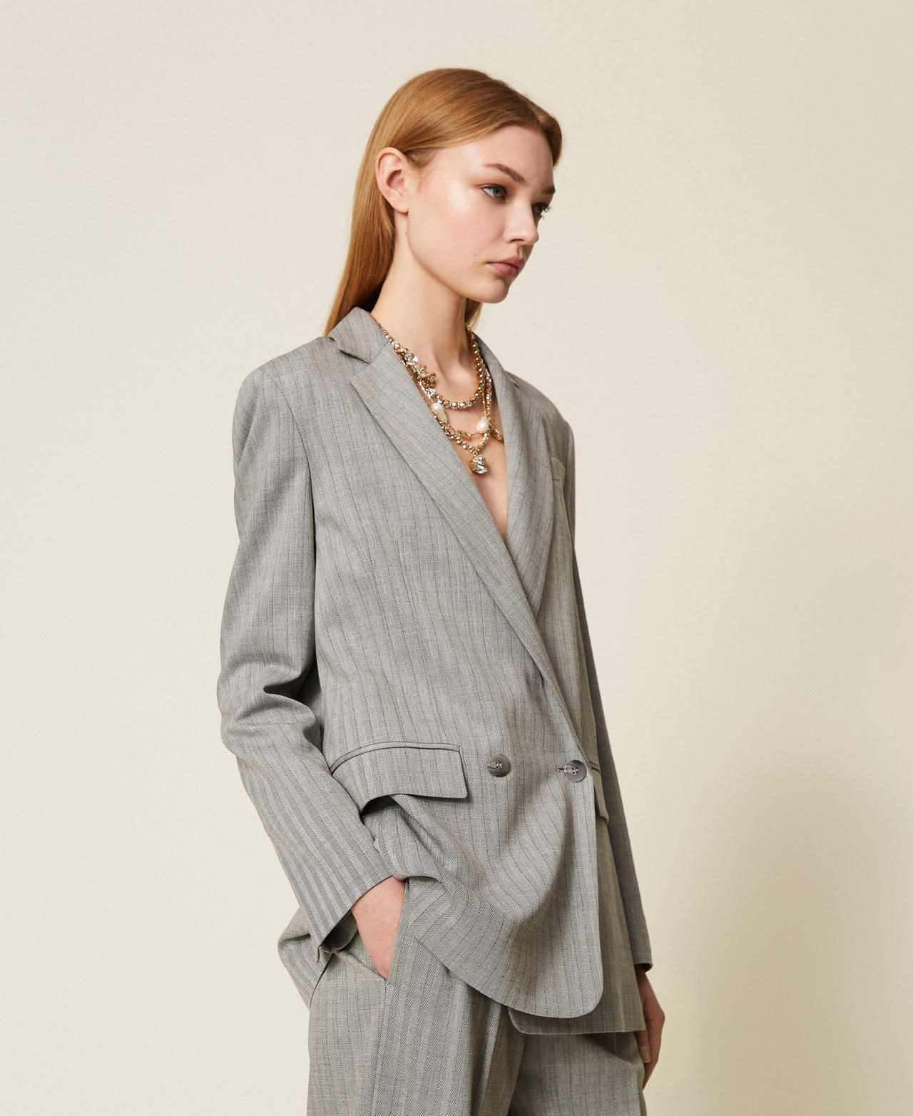 Wool blend sartorial blazer Light Grey Pinstripe Woman 252TP2630_12738_02