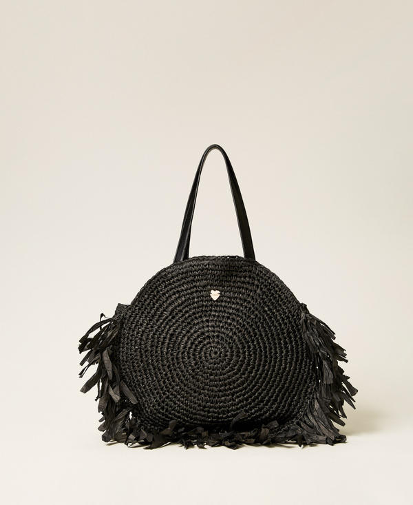 Round raffia shopper bag with fringes