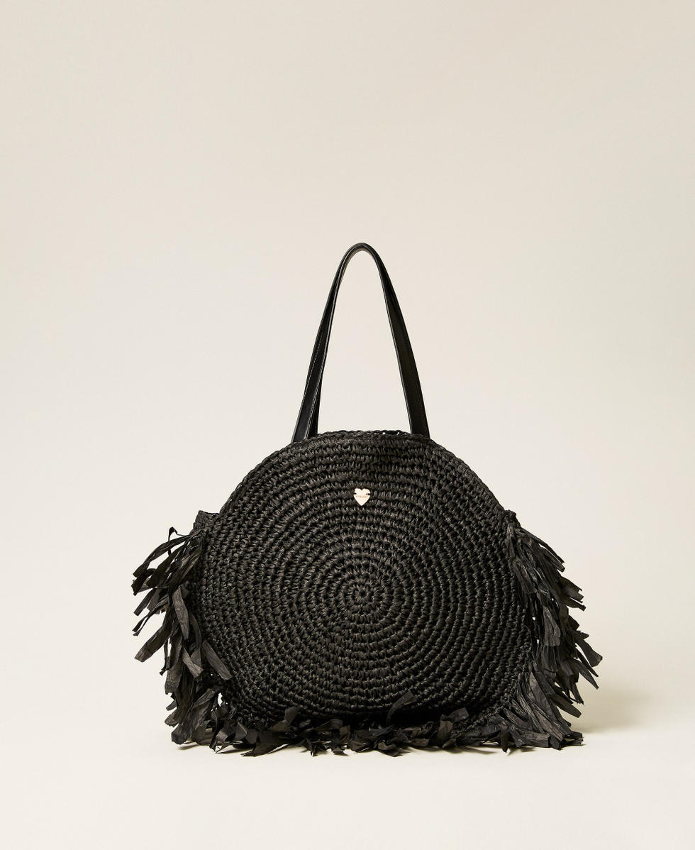 Round raffia shopper bag with fringes