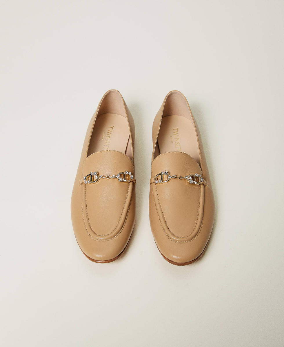 Leather loafers with rhinestone Oval T
