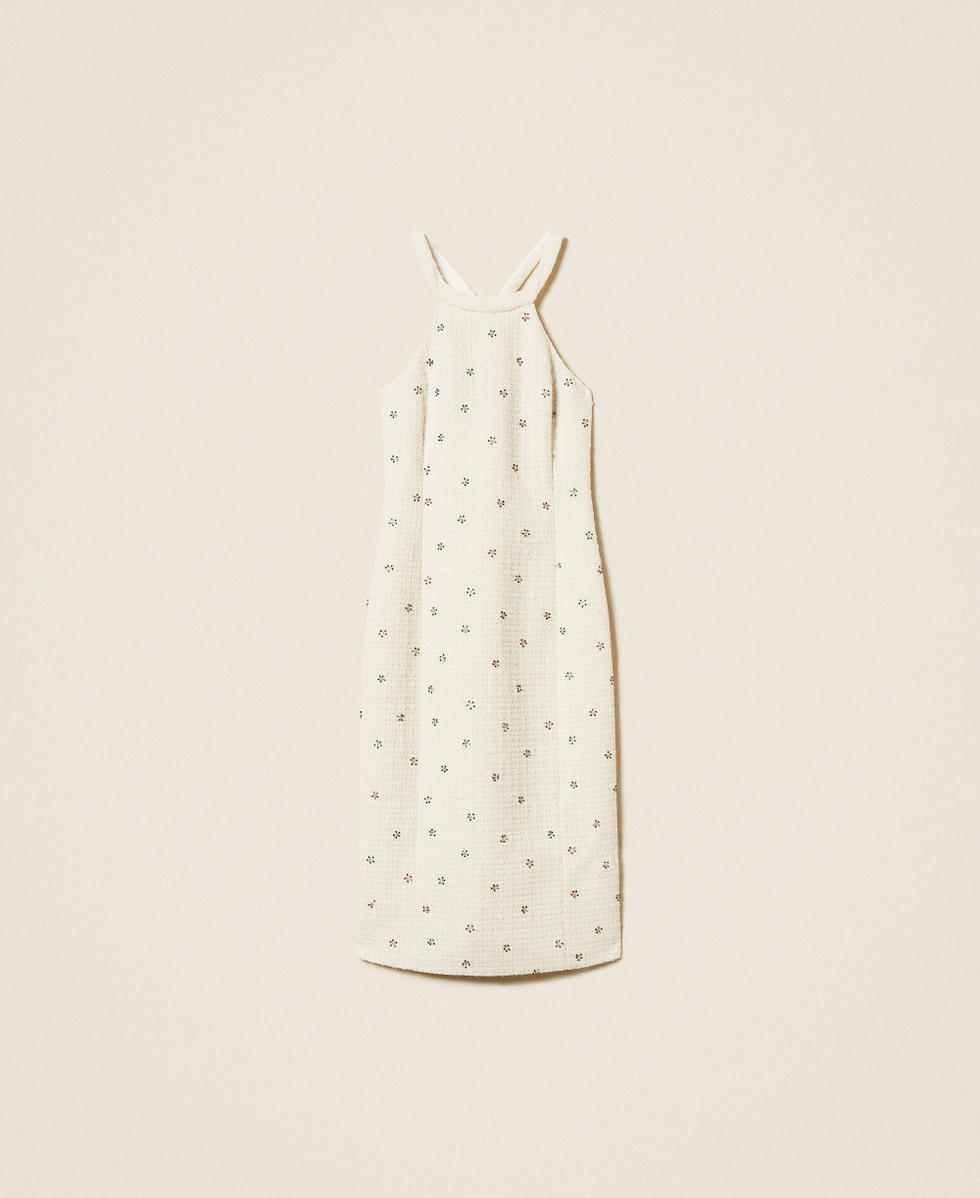 Midi boucl&eacute; dress with embroidery White Snow Woman 252AP2133_00282_S0