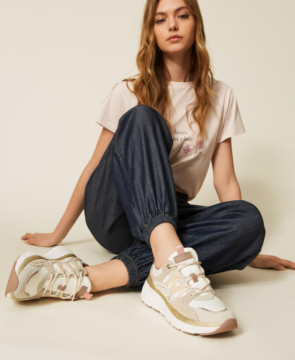 Leather and mesh running trainers Two-tone Optical White/Parchment Beige/Silver Woman 261TCP022_13250_T0