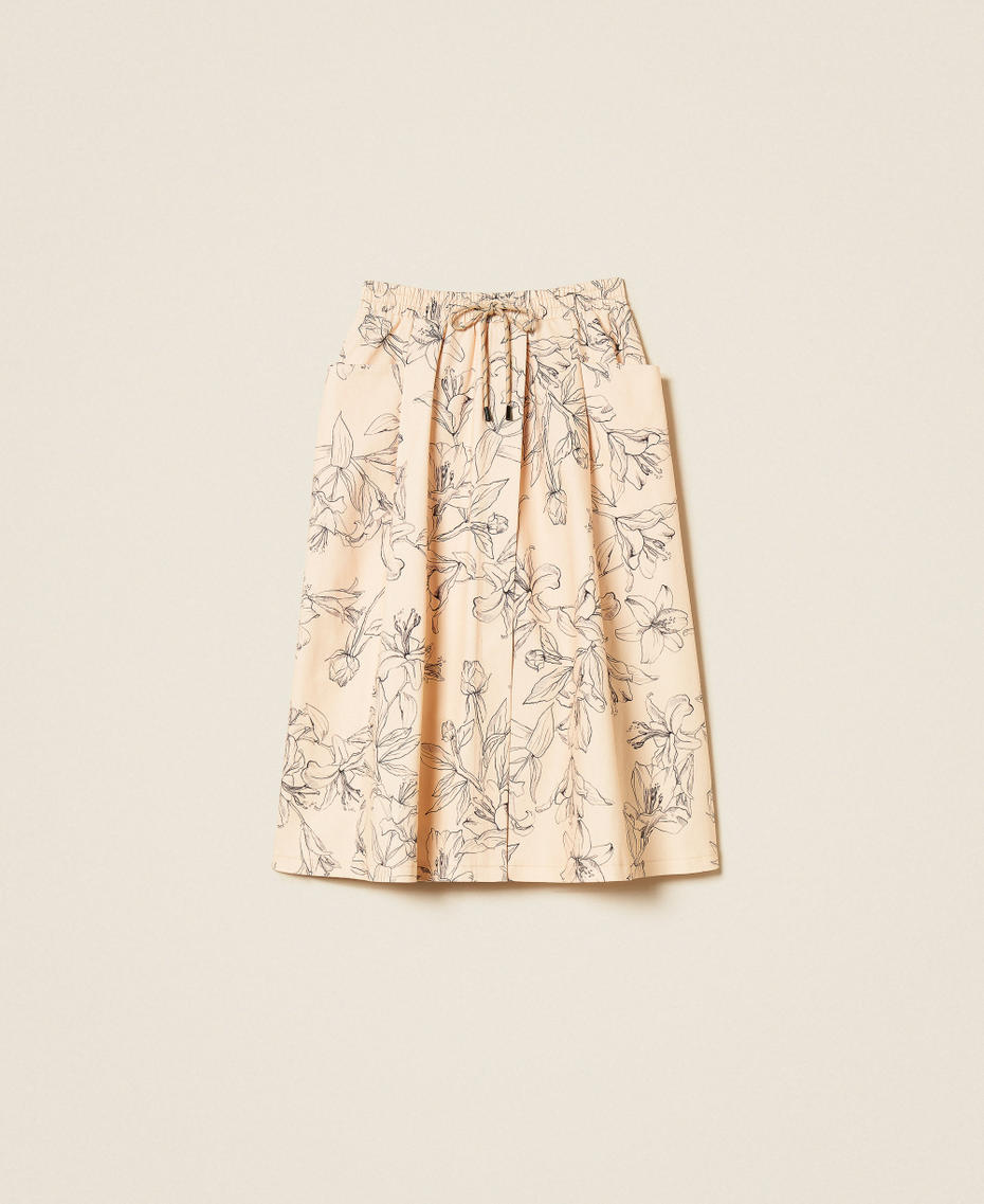 Midi bull skirt with floral print "Crystal Sand" Beige/Black Flock Print Woman 262LI2MBB_13908_S0