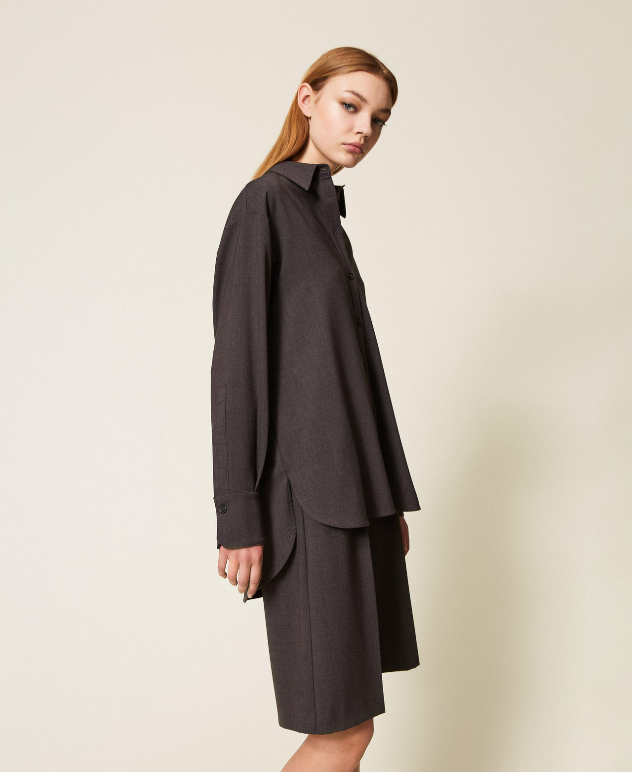 Oversized shirt with side slits Charcoal Grey Melange Woman 252TF2040_12840_02
